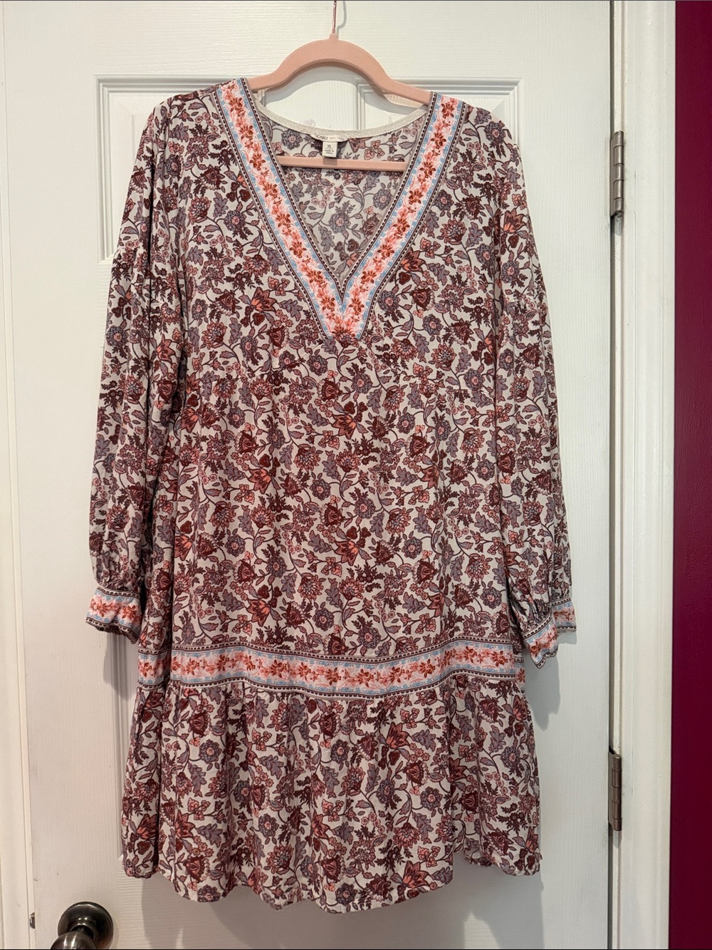 Floral V-Neck Long Sleeve Women’s Dress in Burgundy